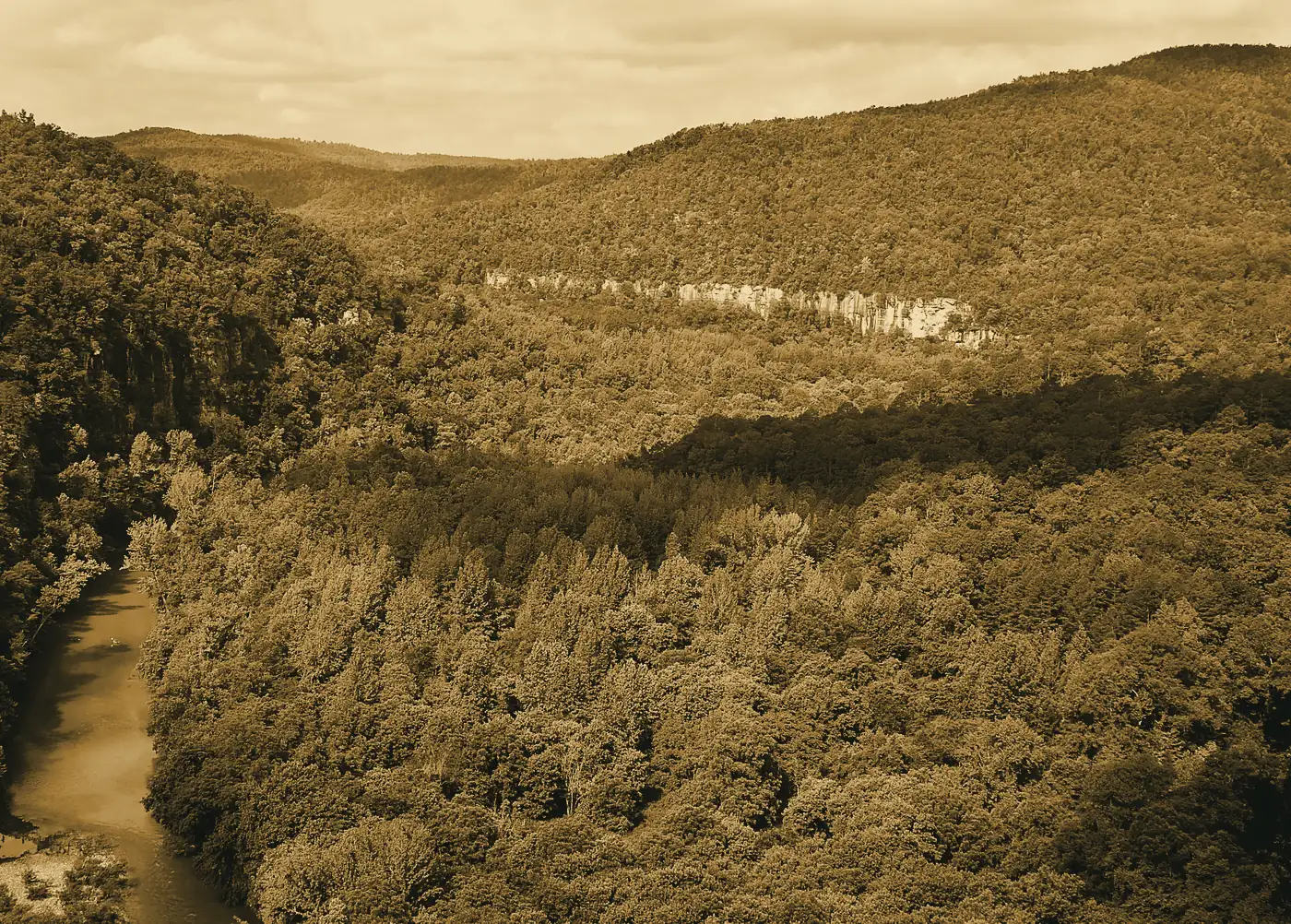 Looking down on the Buffalo River from Big Bluff, forest on every ridge